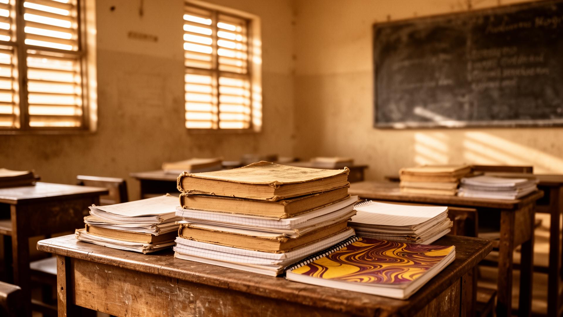 A vintage Nigerian classroom with stacked schoolbooks bathed in afternoon light